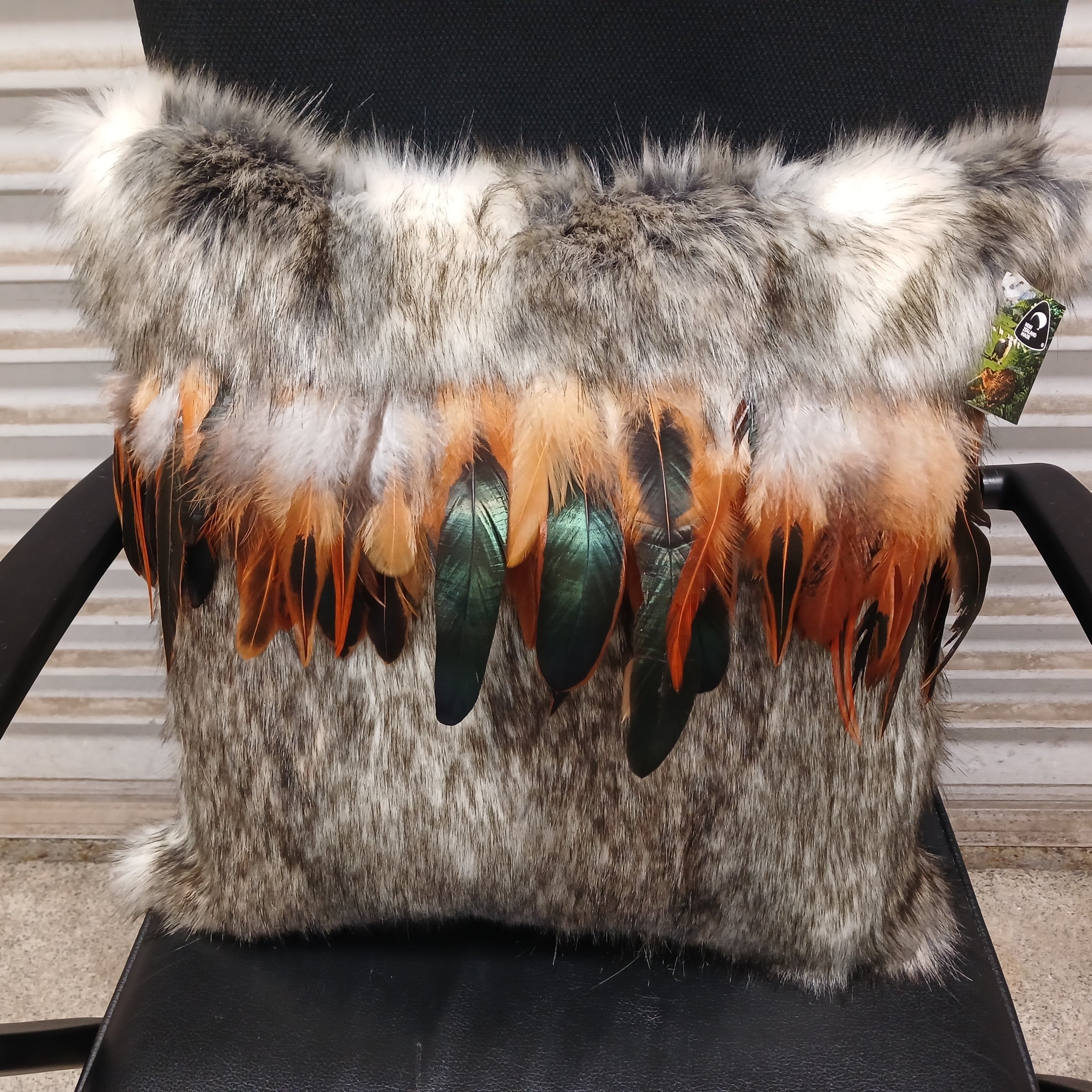 Cushion Cover Kahurangi (Grey & White) with Brown Rooster Feathers