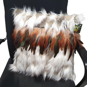 Cushion Cover Hukapapa (White/Brown) with Brown Rooster Feathers