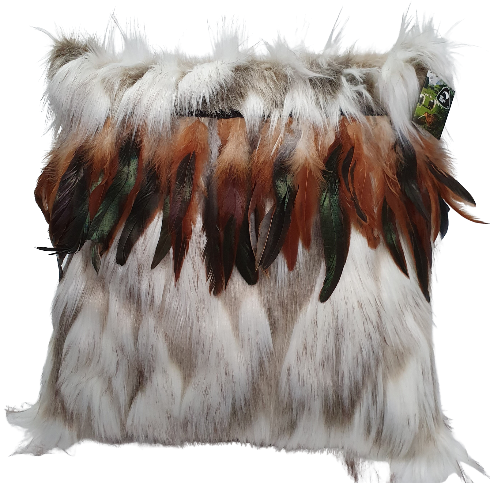 Cushion Cover Hukapapa (White/Brown) with Brown Rooster Feathers