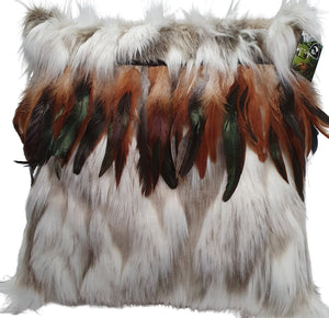 Cushion Cover Hukapapa (White/Brown) with Brown Rooster Feathers