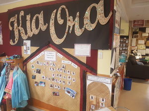 Kindergarten in Ashburton using woven ribbons, wood shapes and hessian parent pockets