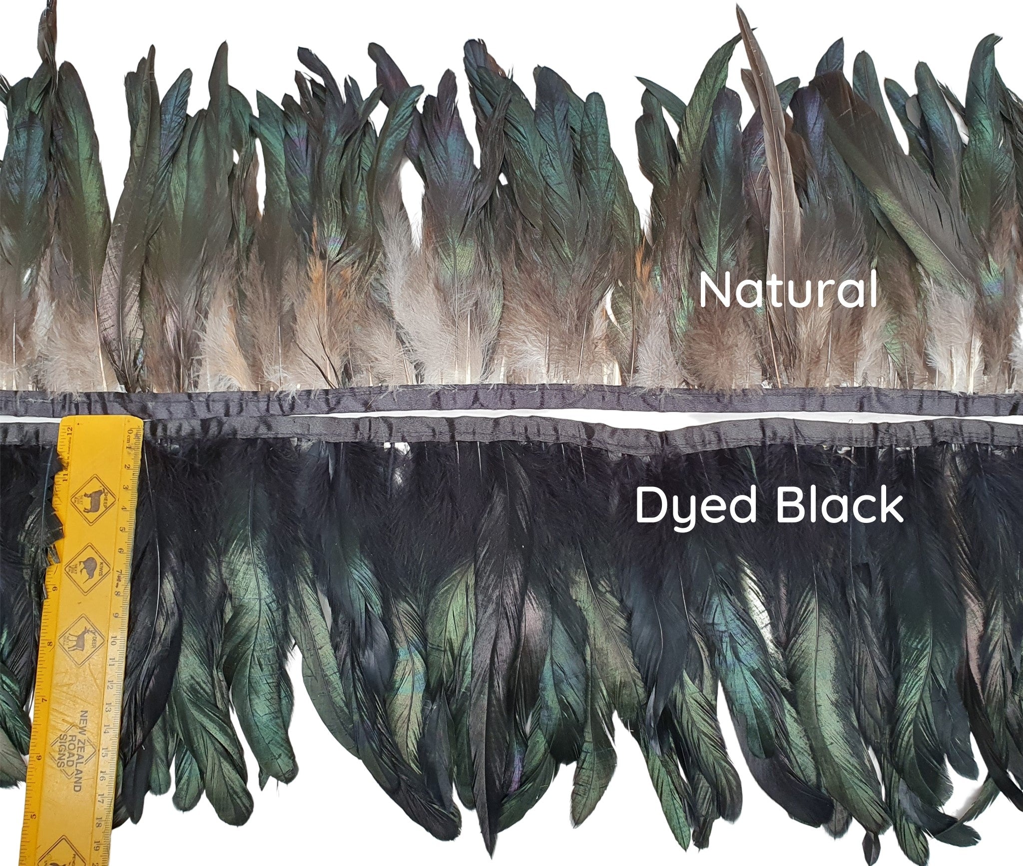 Long Green Rooster Feathers sewn on Band (Natural or Dyed Black)