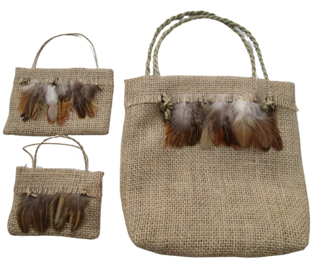 natural hessian kete with feathers and looking like potato sacking