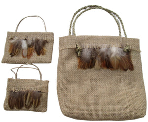 natural hessian kete with feathers and looking like potato sacking